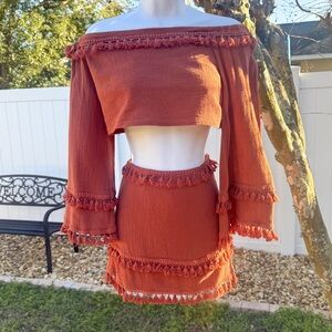 Native Daughters Rust Boho Two Piece Set Off Shoulder Top Skirt S